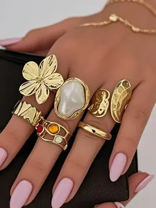 6pc French Baroque Imitation Pearl Rings for Women, Unique Exaggerated Open Ring, Vintage Flower Metal Rings, Stackable Rings, Fashion Jewelry Accessories