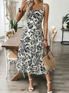 Women's Floral Print Midi Dress - Sleeveless Crew Neck Casual Vacation Boho Dress