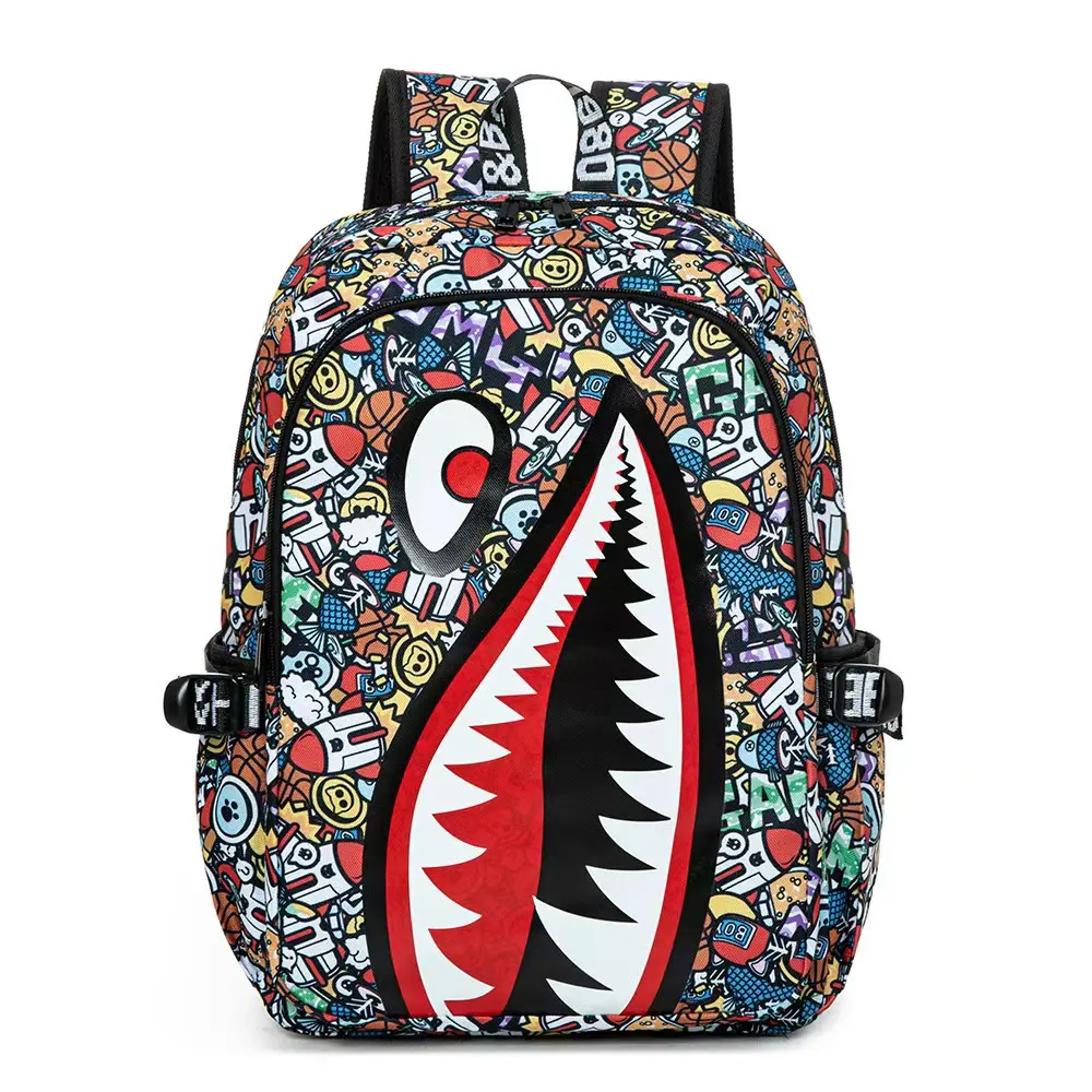 Sprayground Cartoon Sticker Bomb Shark Mouth Print Backpack - Hype Streetwear Large-Capacity Oxford Fabric Laptop Bag for Teen Boys, Durable Fashion School Travel Daily Casual Use