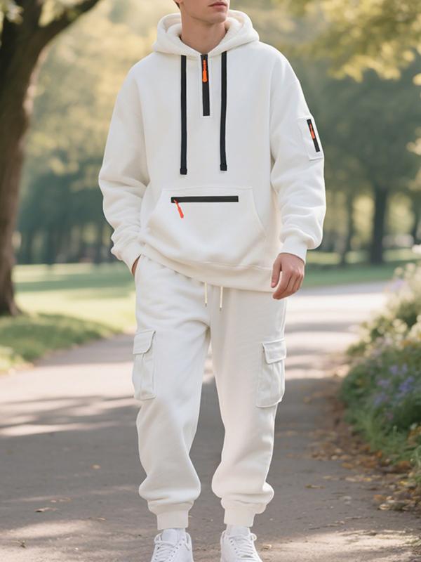 Men's Winter Heavyweight Fleece-Lined Casual Set, Loose Fit Sporty Multi-Pocket Workwear Suit, Warm & Comfortable Two-Piece Set