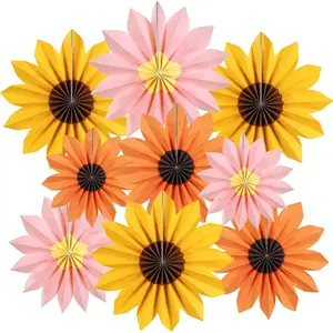 Sunflower Party Decorations 9 Sunflower Paper Fans & Flower Garlands Summer Orange Pink Sunflowers for Wedding & Baby Shower Decor