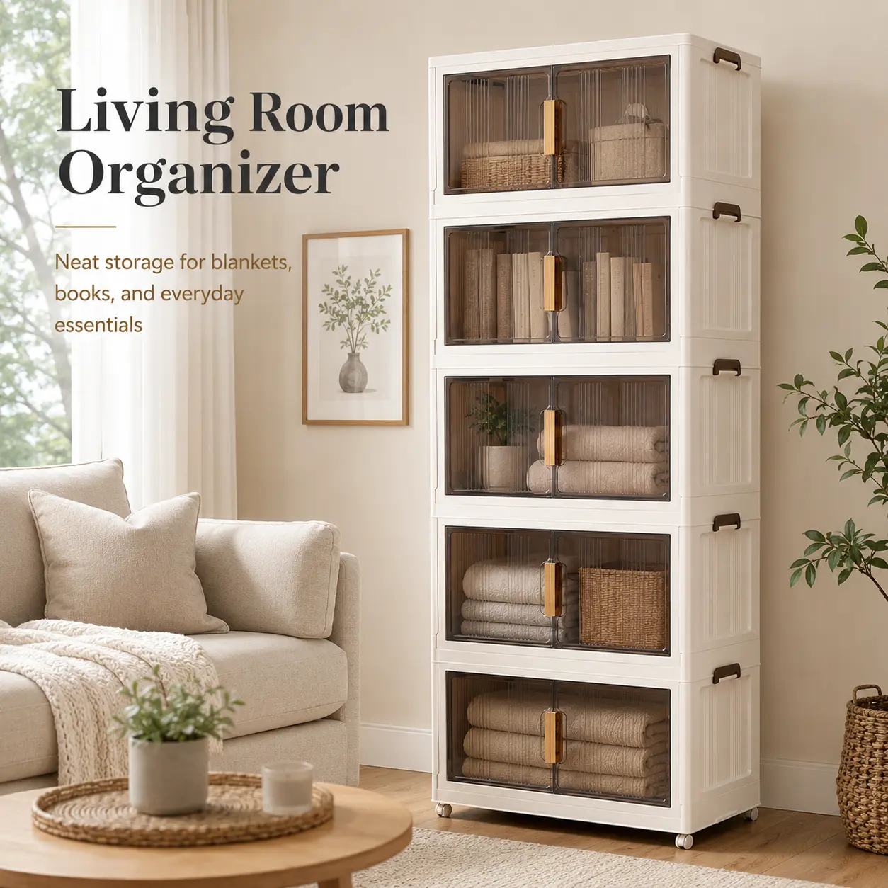 Naviconvex 5-Tier Freestanding Storage Cabinet with Transparent Double Doors, Large-Capacity Rolling Organizer with Easy-Grip Handles and Caster Wheels for Bedroom, Bathroom, Living Room and Closet