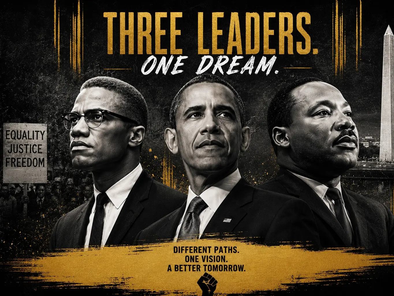 3 Leaders 1 Dream Civil Rights Movement Unframed Canvas Poster, Inspirational History Print with Malcolm X Martin Luther King Barack Obama, Educational Home Decor for Classroom Office Gift