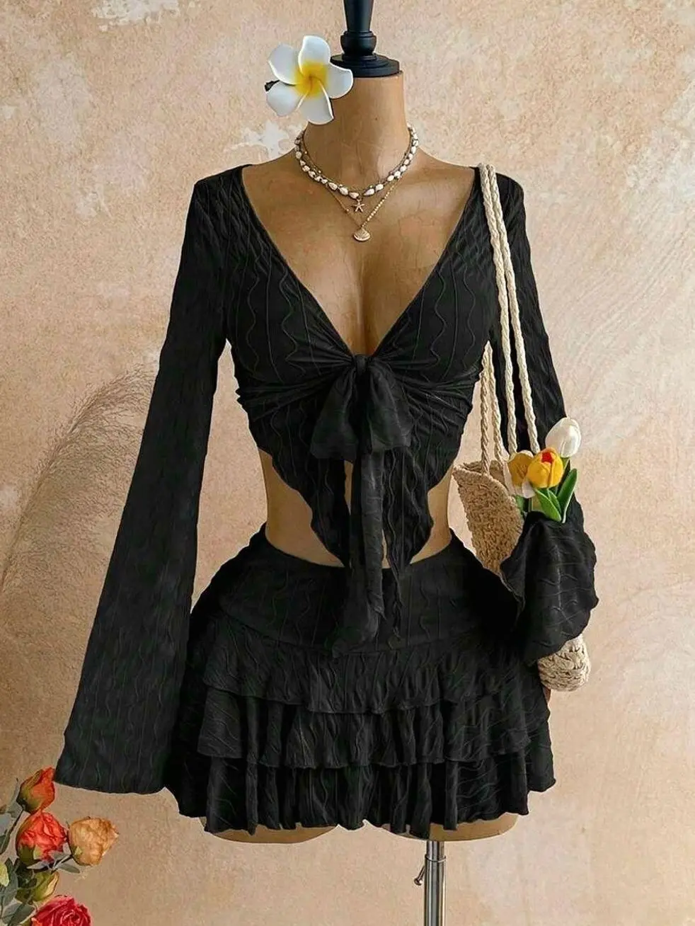 Women's Casual Sexy Cropped Top And Flared Mini Skirt 2 Pieces Set Beach Grey Leopard Print Autumn