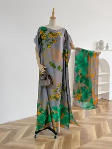 Elegant Floral Print Shawl Set, Long Dress with Headscarf, Sun Protection Silk Scarf, Summer Casual Beachwear for Women, Matching