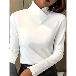 Plus Size Elegant Black Top with Chic Cross Neckline - Long Sleeve, Solid Color, Casual Polyester Blouse, Machine Washable - Perfect for Fall/Winter, Plus Size Blouses