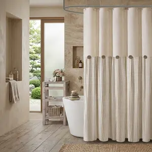 Yrztrk Farmhouse Linen Button Shower Curtain Textured Woven Fabric Pleated Stripe Country Style Quick Drying Machine Washable Home Bathroom Decor Shower Curtain Sets for Bathroom