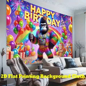 2D Flat, 1pc Vibrant Gorilla Birthday Party Backdrop - 2D Flat Polyester Banner with Confetti, Balloons, and Gifts, Perfect for Indoor/Outdoor Celebrations, Photo Booths, and Live Events, Birthday Party Decorations, 2D Flat