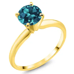 Gem Stone King 14K Yellow Gold London Blue Topaz Solitaire Engagement 4-Prong Ring For Women | 1.10 Cttw | Round 6MM | Gemstone November Birthstone