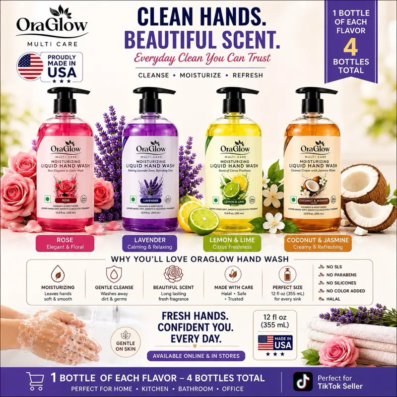 OraGlow Moisturizing Liquid Hand Wash 4-Scent Variety Pack – 4 Bottles Total, 1 of Each Scent – Rose, Lavender, Lemon & Lime, Coconut & Jasmine – 12 fl oz (355 mL) Each – Halal – Made in USA