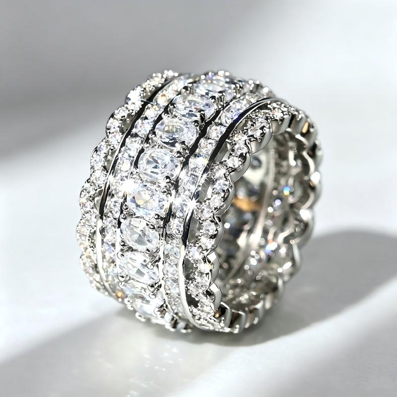 Women's Princess-Style Multilayer Wide Full CZ Stones Ring - Teardrop Design Artificial Zircon with Rich Glow - Wedding, Promise, Unique Ring for Romantic Holiday Gifting, Promise Ring, Wedding Rings