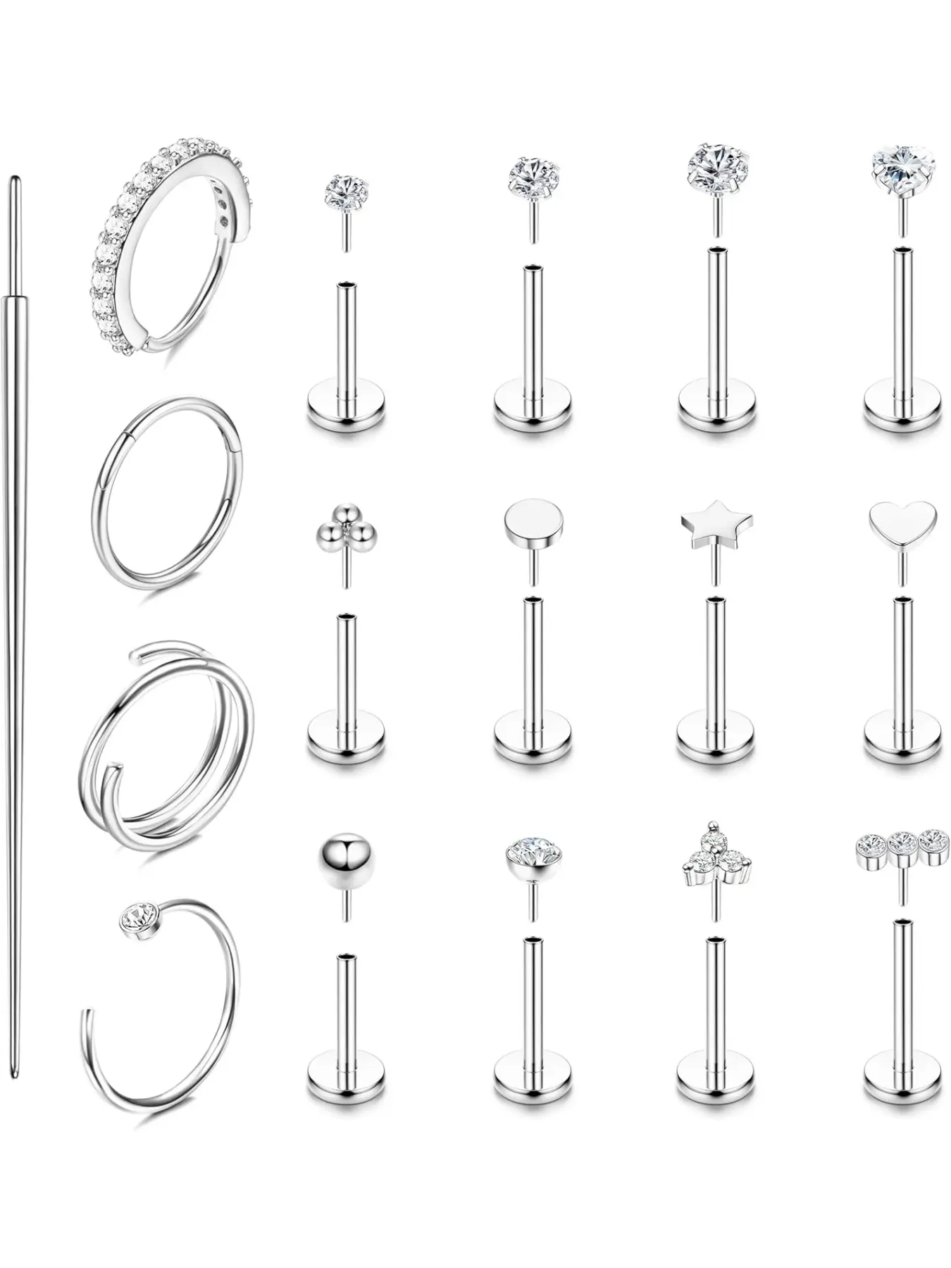 16Pcs Tragus Piercing Jewellery for Women 316L Steel Nose Rings Studs Threadless Push in Flat Back Earrings Hypoallergenic Nose Labret Lip Piercing Jewellery 18G 20G Body Piercing Jewelry Body Piercings Set