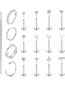 16Pcs Tragus Piercing Jewellery for Women 316L Steel Nose Rings Studs Threadless Push in Flat Back Earrings Hypoallergenic Nose Labret Lip Piercing Jewellery 18G 20G Body Piercing Jewelry