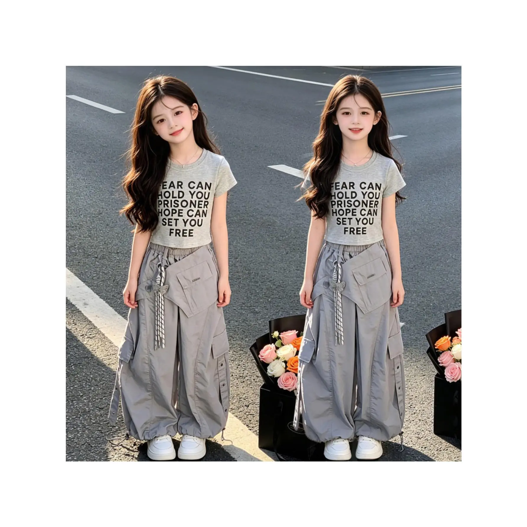 Girls' Korean-Style Polyester Blend 2-Piece Casual Wear Set - Gray Letter Printed Short Sleeve T-Shirt, Plaid Cargo Pants, Cool and Trendy Outdoor Outfit, Dry Clean, Sizes 5-6y,7-8y,9-10y,11-12y,13-14y