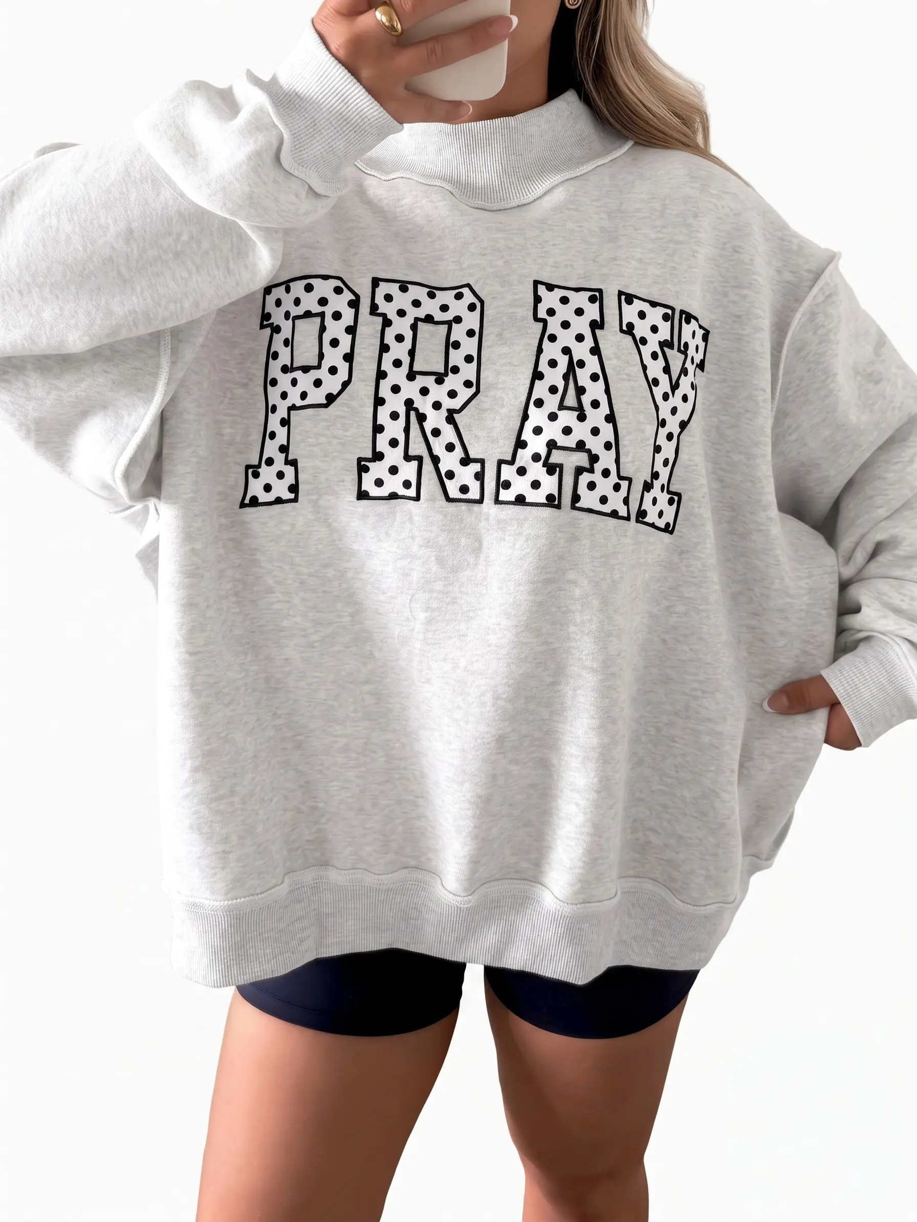 Women's Oversized PRAY Graphic Sweatshirt Mock Neck Long Sleeve Pullover Faith Inspirational Casual Tops