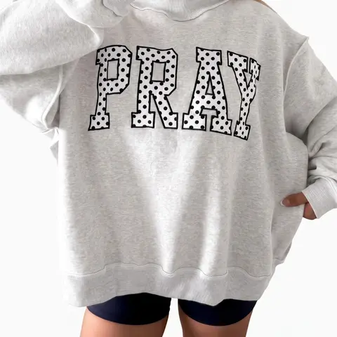 Women's Oversized PRAY Graphic Sweatshirt Mock Neck Long Sleeve Pullover Faith Inspirational Casual Tops Cotton Blend Fit Grey Womenswear