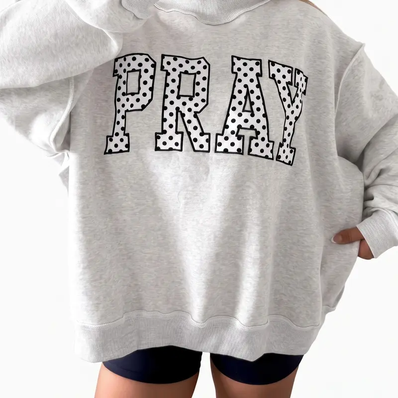 Women's Oversized PRAY Graphic Sweatshirt Mock Neck Long Sleeve Pullover Faith Inspirational Casual Tops Cotton Blend Fit Grey Womenswear