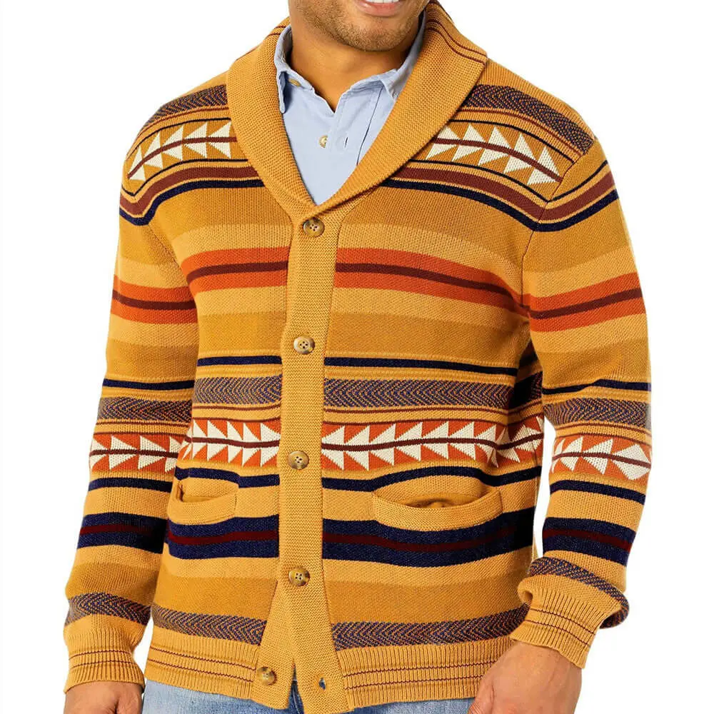 Men's Jacquard Knit Cardigan, Thick Color Block Polyester Sweater Coat, Casual Long Sleeve Open-Front Top, Menswear