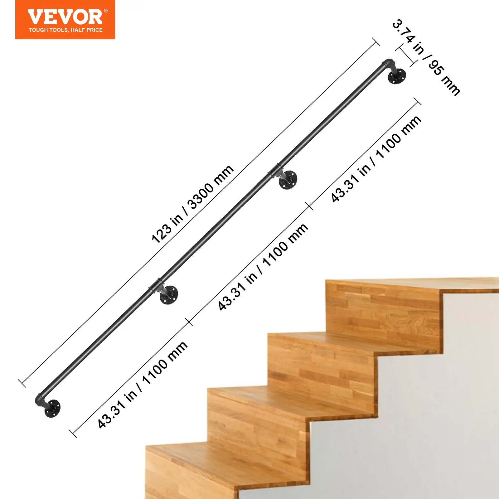 VEVOR Heavy-Duty Carbon Steel Pipe Stair Handrail, 11FT Complete Railing Kit with Wall Mount Support & Expansion Screws, 440LBS Load Capacity, Round Corner Design for Interior & Outdoor Home Use