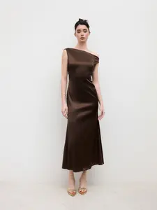 Cider Satin Asymmetrical Neck Backless Maxi Dress