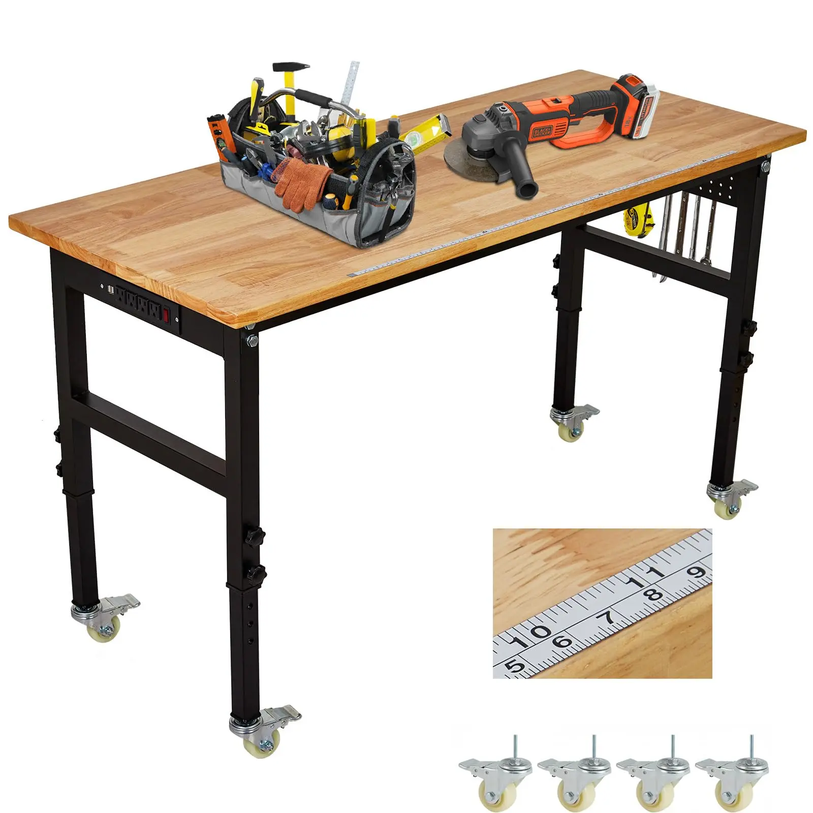 GARVEE 48" Sturdy Durable Adjustable Workbench with Power Outlet, 2000 Lbs Capacity, 29-40 Inches Height, Rubber Wood Office Desk with Wheels, Brakes & Pegboard for Garage Workshop