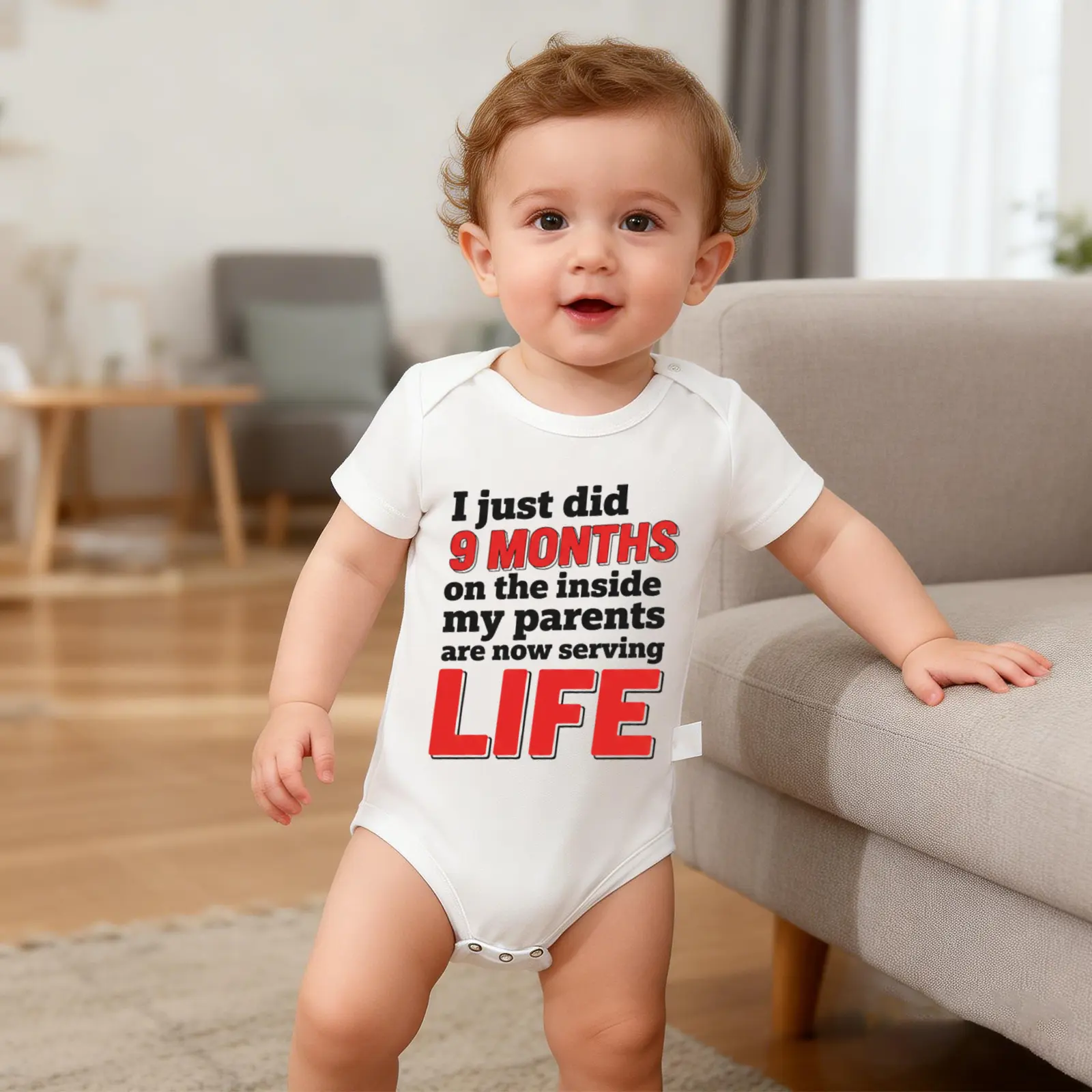 Funny I Just Did 9 Months  Print Baby Babysuit - Cute Baby Short Sleeve Onesies Romper For Infant, Newborn Humor Clothes for Boys Girls, Soft Casual Outfit, Outdoor 100% Cotton Triangle Jumpsuit