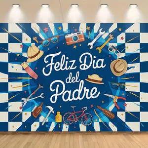 Lightweight Decorative Father’s Day Photo Backdrop - Blue and White Checkered Cartoon Wall Hanging with Tools, Hats Design, Indoor/Outdoor Party Decoration, Festive Home Supply Gift