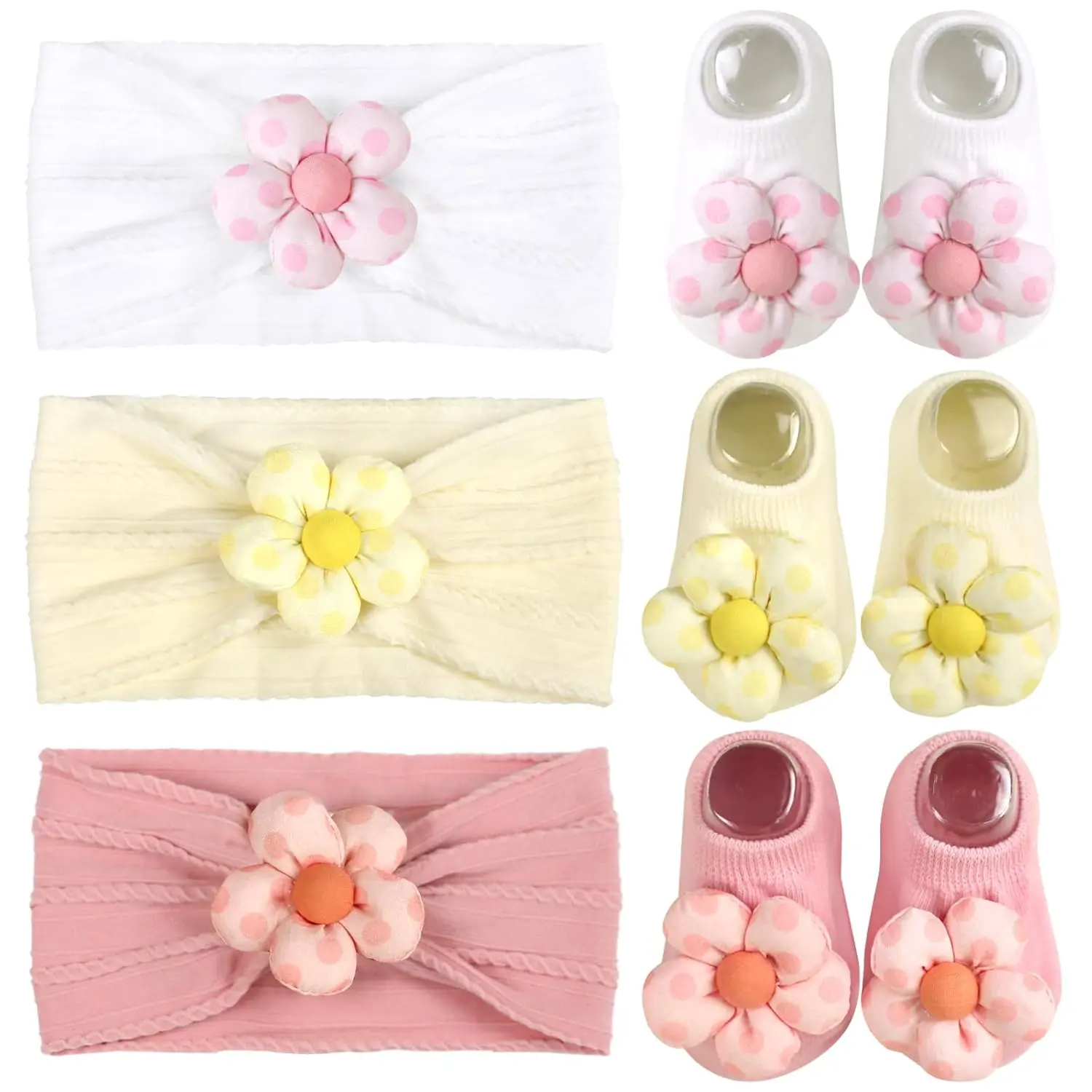 Baby Girl Headbands and Non-Slip Socks, 6-Piece 3D Flower Matching Gift Set, Soft Elastic Nylon for Infants 6-9 Months, Family Photo Shoot
