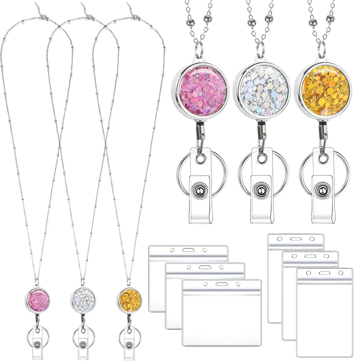 3 Pack Women's Lanyards with 6 Pcs Id Badge Holder for Women's Cruise Lanyards Stainless Steel Glitter Teacher Necklace for Badge Holder Cruise Ship Cards