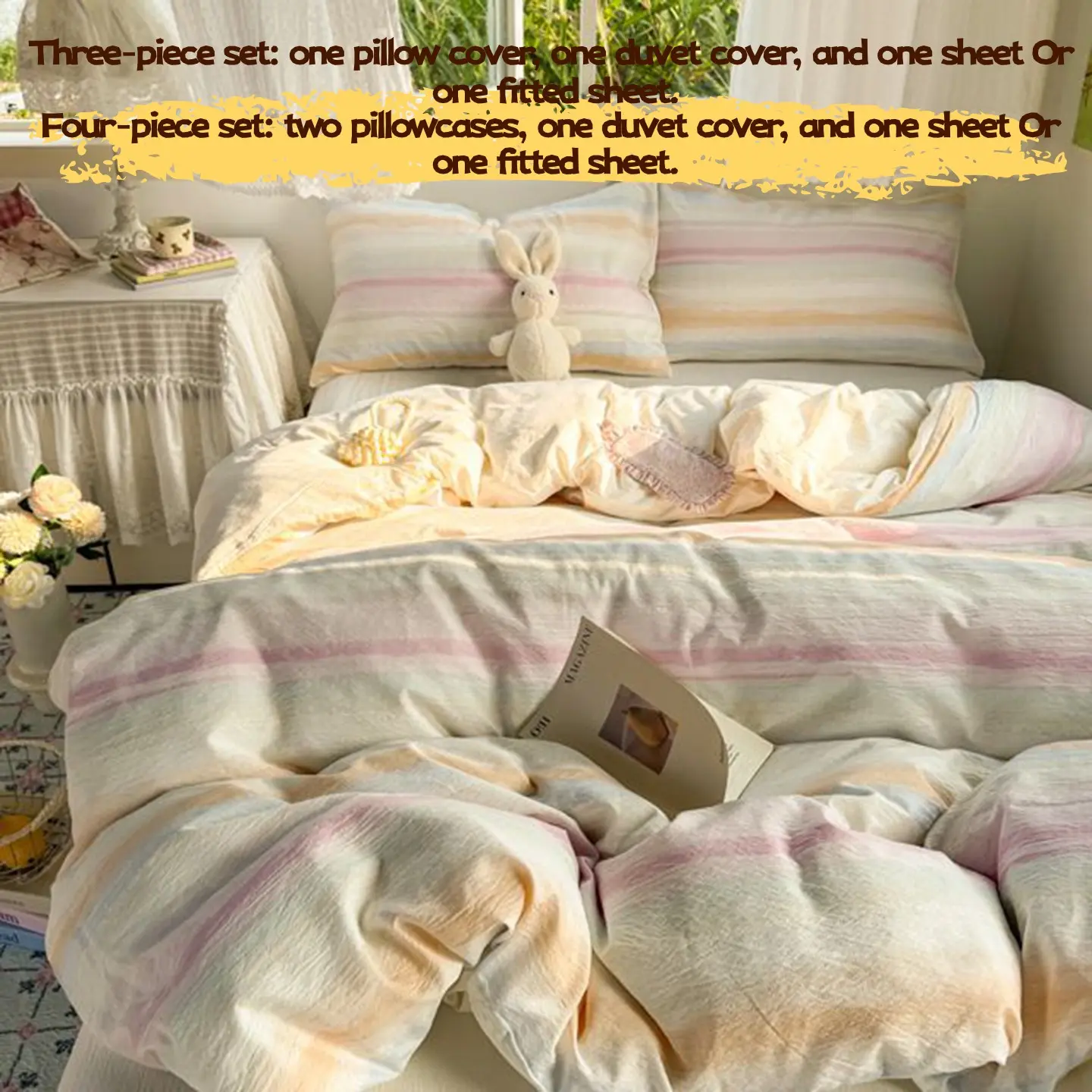 3pcs/4pcs Home Bedding Set, Student Dormitory Three-Piece Set, Ultra-Soft Cotton Print, Striped Gradient, Includes Pillowcase + Fitted Sheet + Duvet Cover, Bedsheet Sets