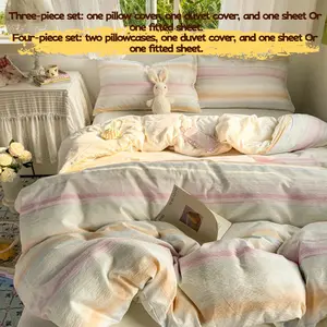 3pcs/4pcs Home Bedding Set, Student Dormitory Three-Piece Set, Ultra-Soft Cotton Print, Striped Gradient, Includes Pillowcase + Fitted Sheet + Duvet Cover, Bed Sheet Sets