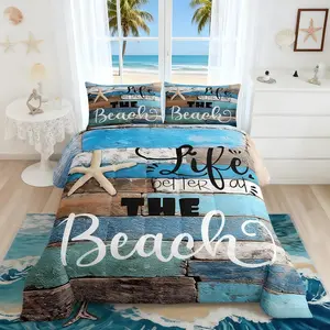 Ocean Theme Comforter Set,Blue Rustic Farmhouse Wooden Bedding Set for Women Men Boys Girls,Room Decor,Hawaiian Style Quilt Set