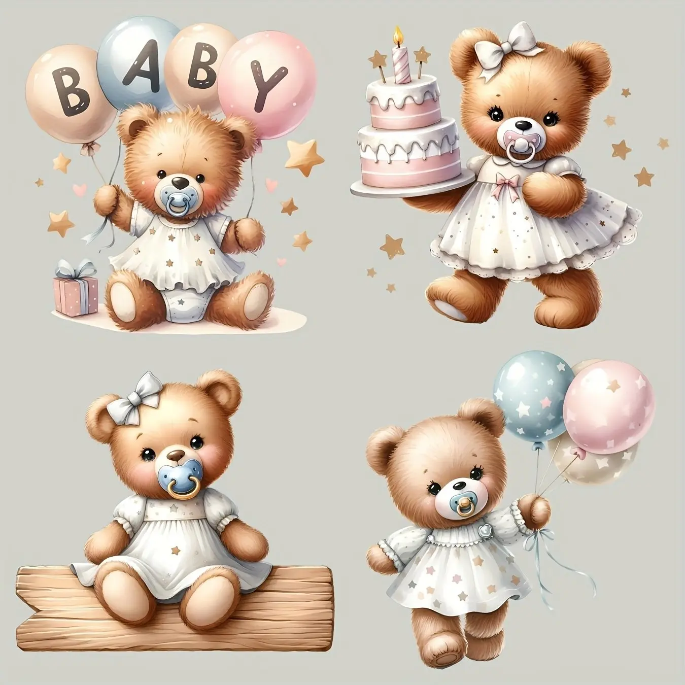 4 Piece Teddy Bear Iron-On Stickers, Heat Transfer Vinyl Badges, Suitable for Hoodies, Canvas Bags, T-Shirts, Jeans, DIY Clothing, Pillows, Backpacks