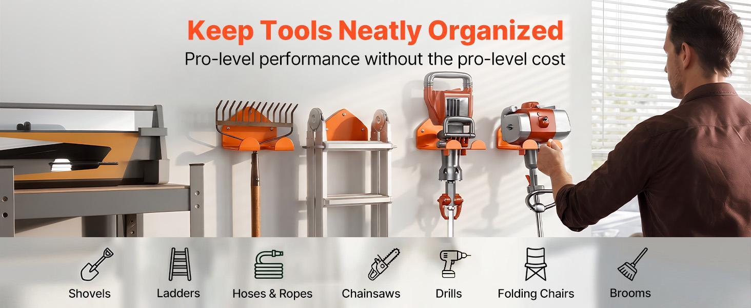 【Summerfinds】VEVOR Wall Mounted Garage Organizer Trimmer Rack, 2-Pack 5.9 in Hanger with Wood Screws & Brick Wall Anchors, 200 lbs Total Load for Hanging Gardens Weed Whackers, Grass/Hedge Trimmers, Leaf Blowers, Heavy Duty, Carbon Steel, Tool Storage, 2‑