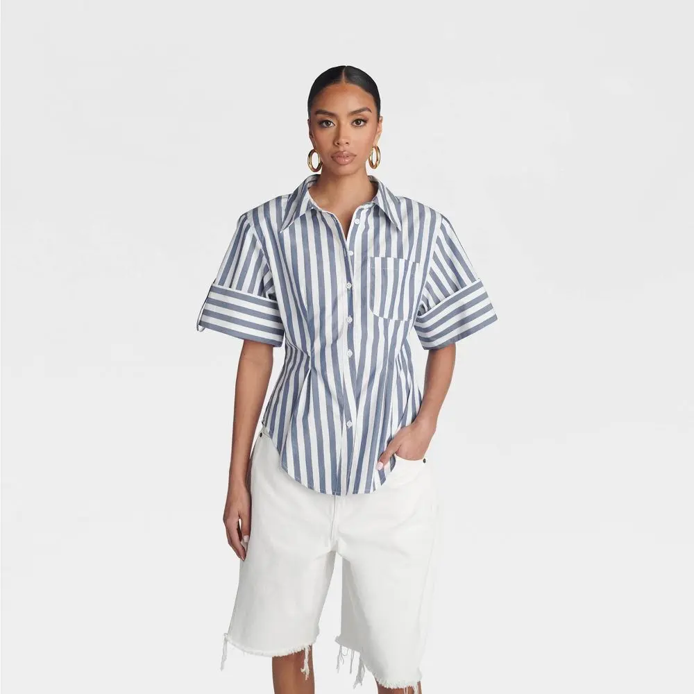 KBB by KAHLANA Women's Short Sleeve' The Hourglass Button-Down Shirt' - Blue Striped S
