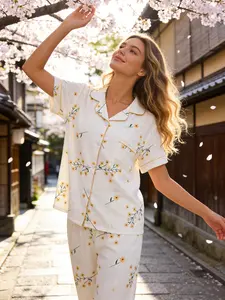 Women's Short Sleeve Long Pants Cardigan Sleepwear Set, Daisy Vine All over Print, Soft Breathable Casual Home Wear
