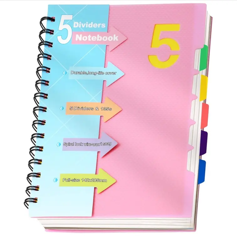 5 Subject Notebook College Ruled, Small Spiral Notebook 5x7 with Removable Divider Tabs, Lined Spiral Notebook for Women, 220 Pages A5 Spiral Notebooks for School Note Taking
