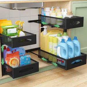 2 Tier Under Sink Pull Out Cabinet Organizer Baskets with Mesh Sliding Drawers, Slide Out Storage Shelf for Home Kitchen Bathroom Pantry Office Cabinet Countertop (1 Pack)