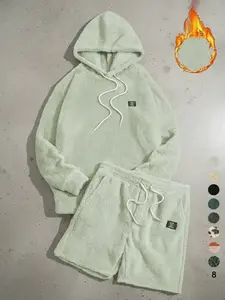 Two-piece Set Men's Letter Patch Drop Shoulder Hoodie & Drawstring Waist Shorts Set, Casual Fashion Cozy Regular Fit Outfits, Daily/Outdoor Wear, Men's Clothes for Fall & Winter