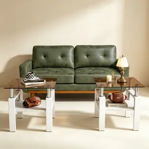 Set of 2 Modern Tempered Glass Tea Table ,Tempered Glass Tabletop with MDF Layer,Coffee Table,End Table, Square Table for Living Room