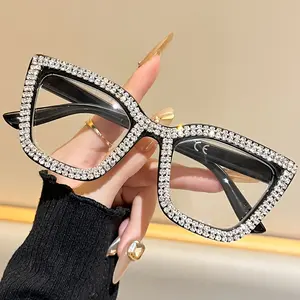 VIOLA MAG Fashion trending eyeglasses large frame diamond inlaid high sense cat eye with high strength PC frame anti-blue light anti-fatigue reading glasses, suitable for reading office gift best choice