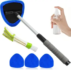 Microfiber Windshield Cleaning Tool - Aluminium Extendable Lightweight Handle, 3 Reusable Washable Microfiber Pads for Car Windows (Home Care Squeegee) Lightweight Glass