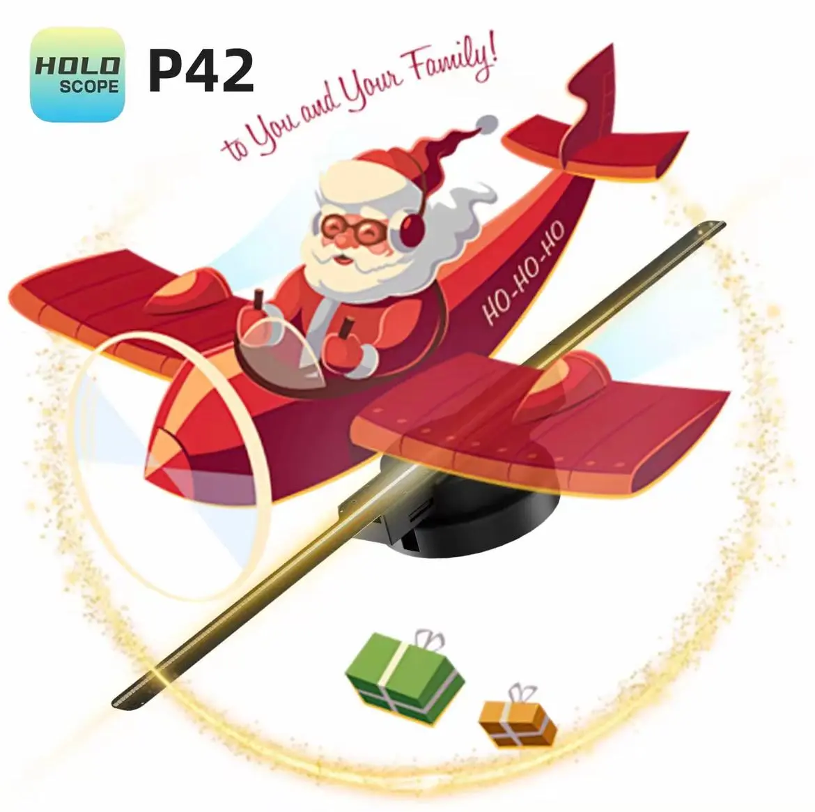 P42 42cm 3D Hologram Fan Display, LED Naked Eye Holographic Projector with Christmas Santa Airplane Video, Rotating Advertising Light for Shop Bar Holiday Party Decor
