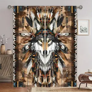 2Pcs/Set Traditional Tribal Wolf Pattern 3D Design Light-Filtering Polyester Drapes Rod Pocket Window Curtains For Living Room Bedroom Kitchen Laundry Bathroom Door Protecting Privacy Home Decor