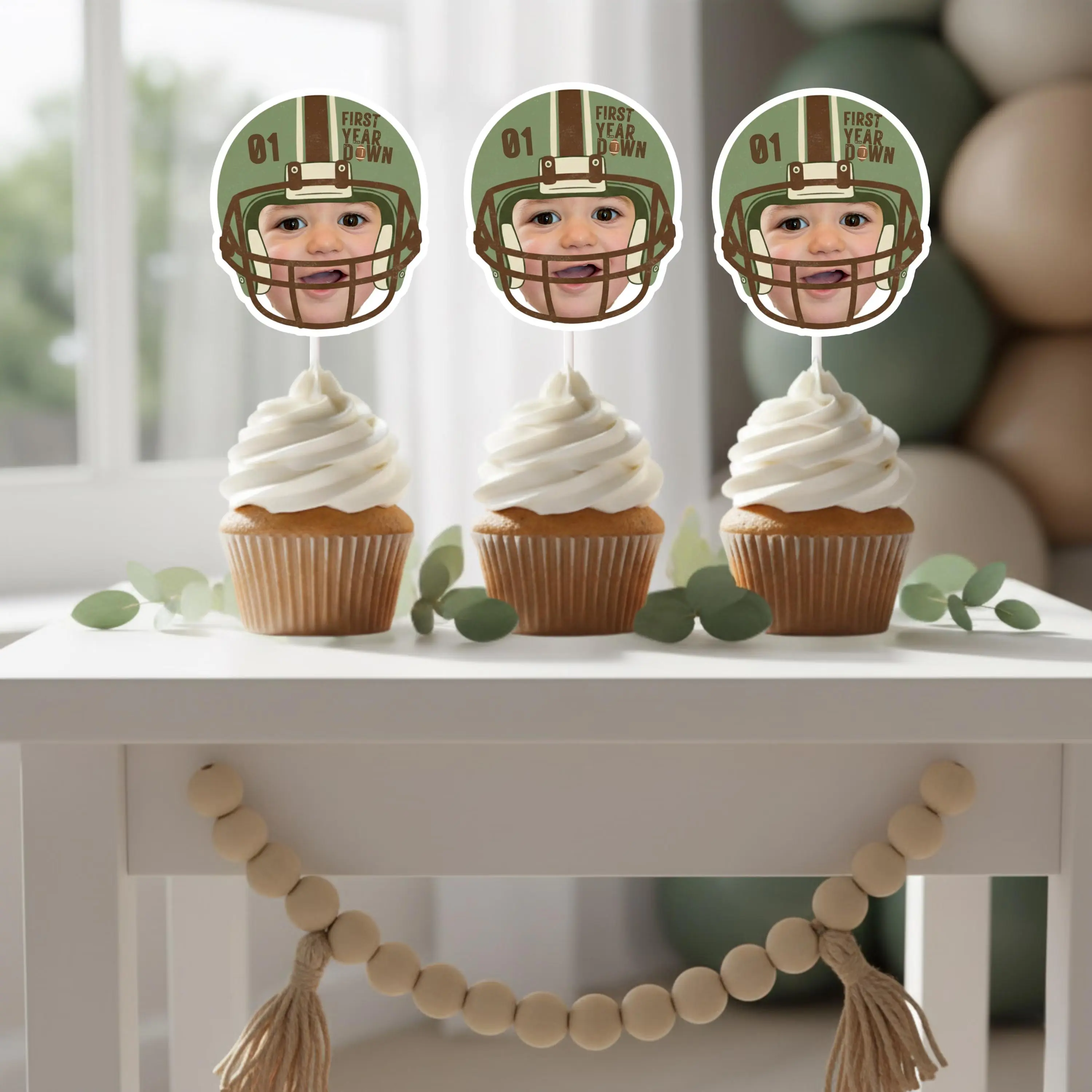 Vintage Football Helmet Photo Cupcake Toppers – FIRST YEAR DOWN Birthday Decor