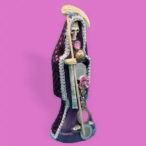 8 in Santa Muerte Statue, Charged Dark Purple Robe, Art Figurine, Collectible Figurine, Indoor Home Decoration, Room Decor, Living Room Decor