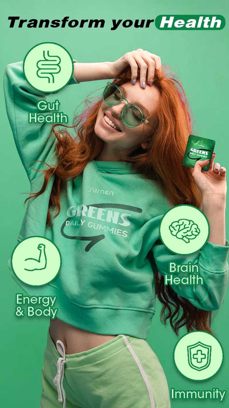 Susnen Greens Daily Gummies Multivitamin DailyWellness Supplement Green Apple 20+ in 1 Multivitamin with 20+ Nutrient-Dense Ingredients for Stress & Bone Support Healthcare Fitness-1