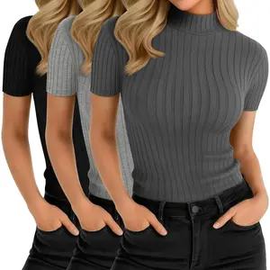 Pack Women Mock Turtleneck Shirts Short Sleeve Ribbed Lightweight Basic Layering Cotton Tops Slim Fit Tunic Tees