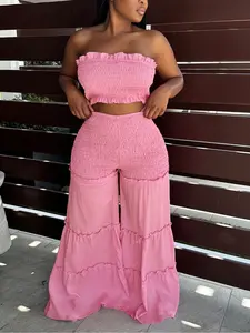 Plus Size 2 Piece Tube Top Set for Women – Strapless Fitted Crop Top and High Waist Wide Leg Pants, Chic Fashion Flowy Summer Vacation Outfit