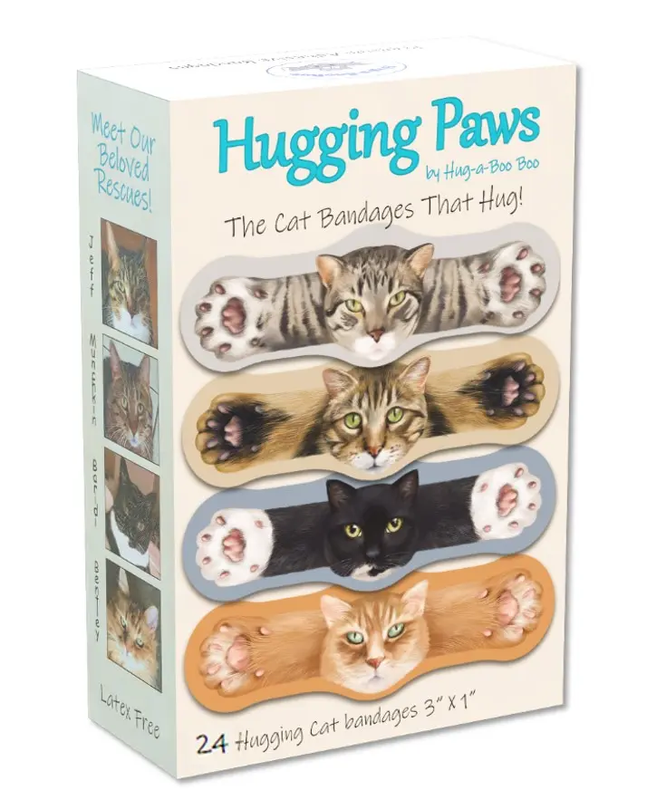 Hugging Paws Cat Themed Bandages from Hug-a-BooBoo, The Amazing Cat Bandages That Hug! Makes Healing BooBoos Fun! Features Beautiful Paintings of Actual Rescue Cats! Great Cat Lover Gift and Cat Stickers Too! 24 Count
